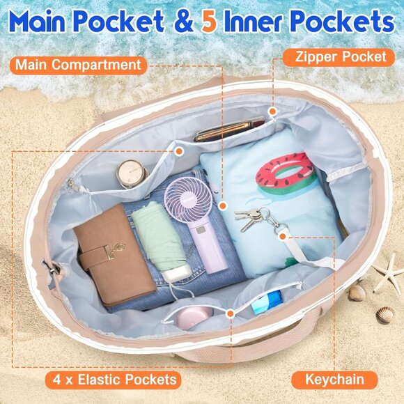 Women's Khaki White Waterproof Sandproof XL Tote Zipper Foldable Beach Bags - Picture 5 of 8